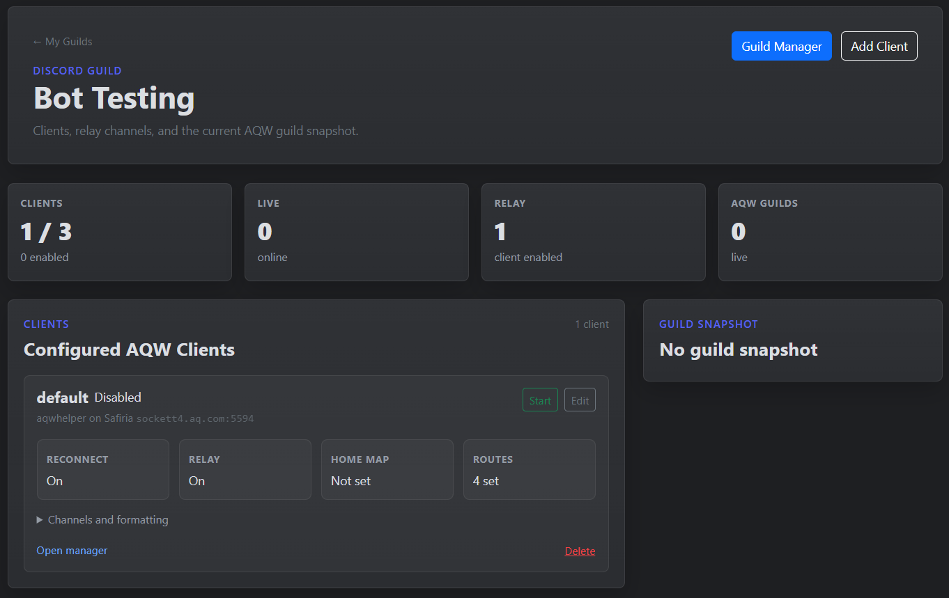 AQW Helper client panel showing configured clients and relay settings.