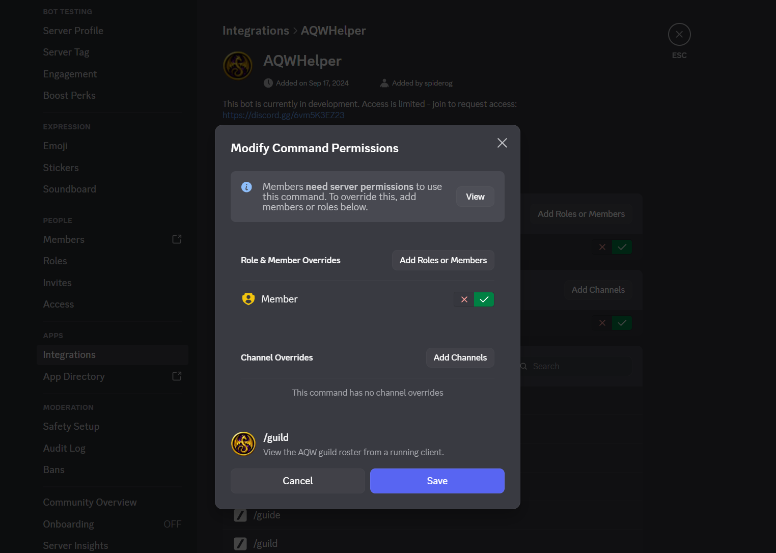 Discord integration settings showing command permission overrides for AQW Helper.
