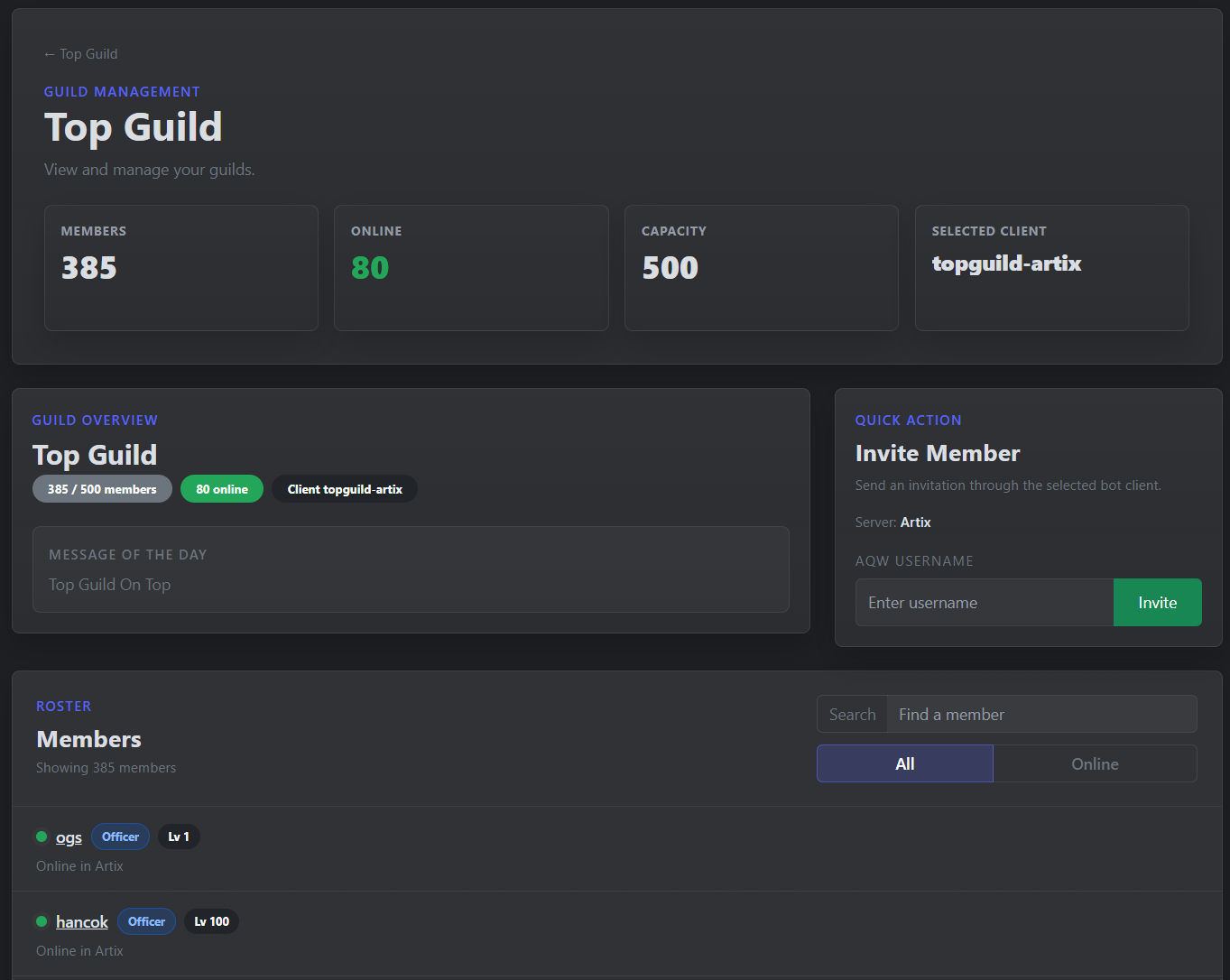 AQW Helper guild manager showing guild stats, invite controls, and member roster.